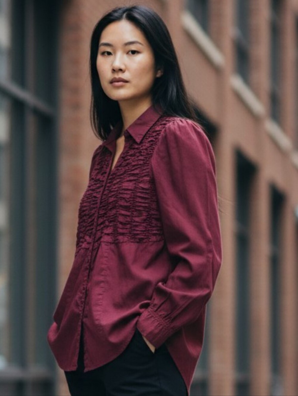 Ruffled Front Button Down Shirt in Burgundy/wine 3009